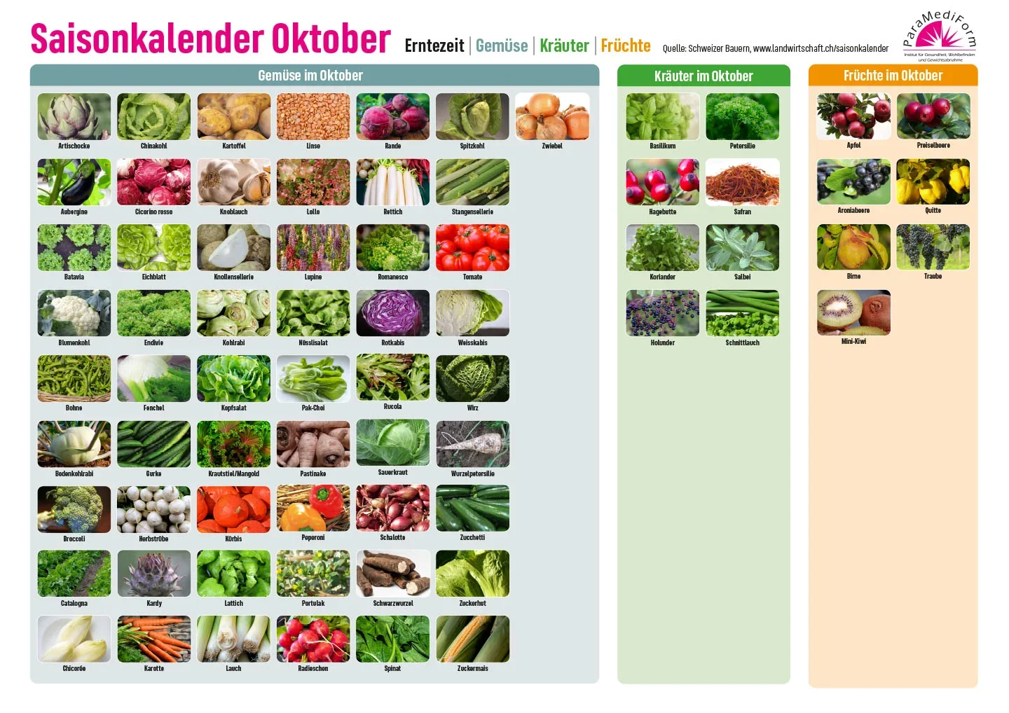 ParaMediForm Saisonkalender für Gemüse, Früchte und Kräuter